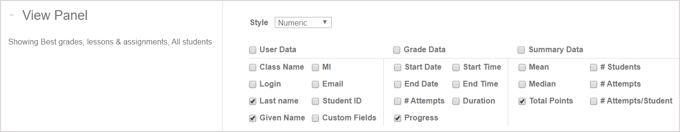 A range of check boxes can be selected under the headings of user data, grade data, and summary data in the view panel pane.